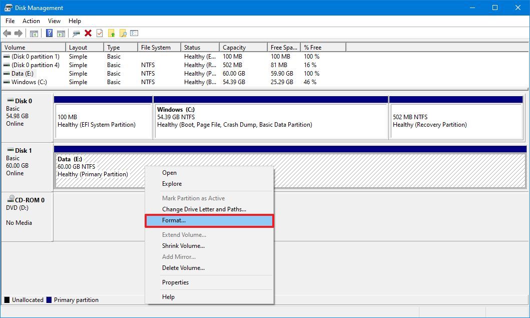 Disk Management format option