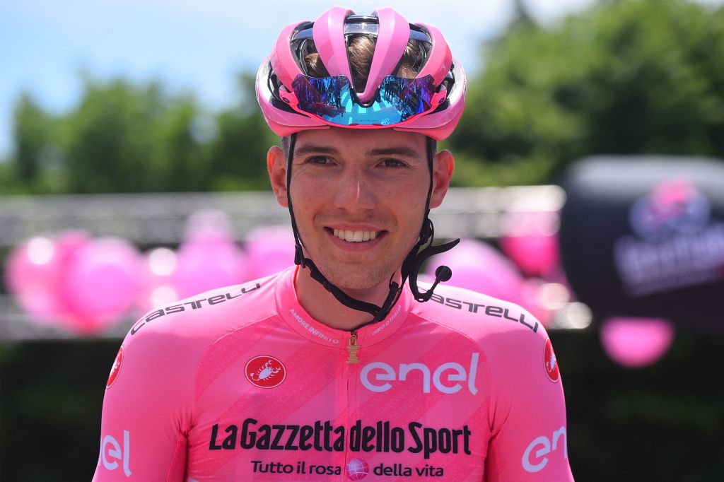 Overall leader Team GroupamaFDJ rider Hungarys Attila Valter poses prior to the start of the seventh stage of the Giro dItalia 2021 cycling race 181 km between Notaresco and Termoli on May 14 2021 Photo by Dario BELINGHERI AFP Photo by DARIO BELINGHERIAFP via Getty Images