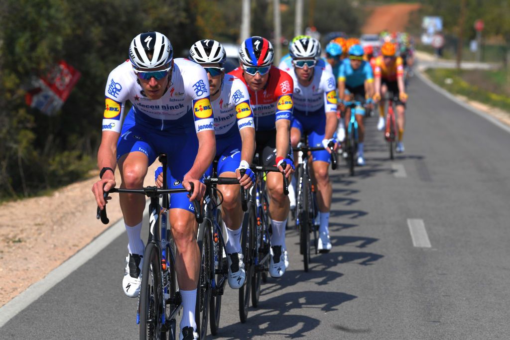 LAGOS PORTUGAL FEBRUARY 19 Tim Declercq of Belgium and Team Deceuninck Quick Step Joo Almeida of Portugal and Team Deceuninck Quick Step Fabio Jakobsen of The Netherlands and Team Deceuninck Quick Step Peloton during the 46th Volta ao Algarve 2020 Stage 1 a 1956km stage from Portimo to Lagos VAlgarve2020 on February 19 2020 in Lagos Portugal Photo by Tim de WaeleGetty Images