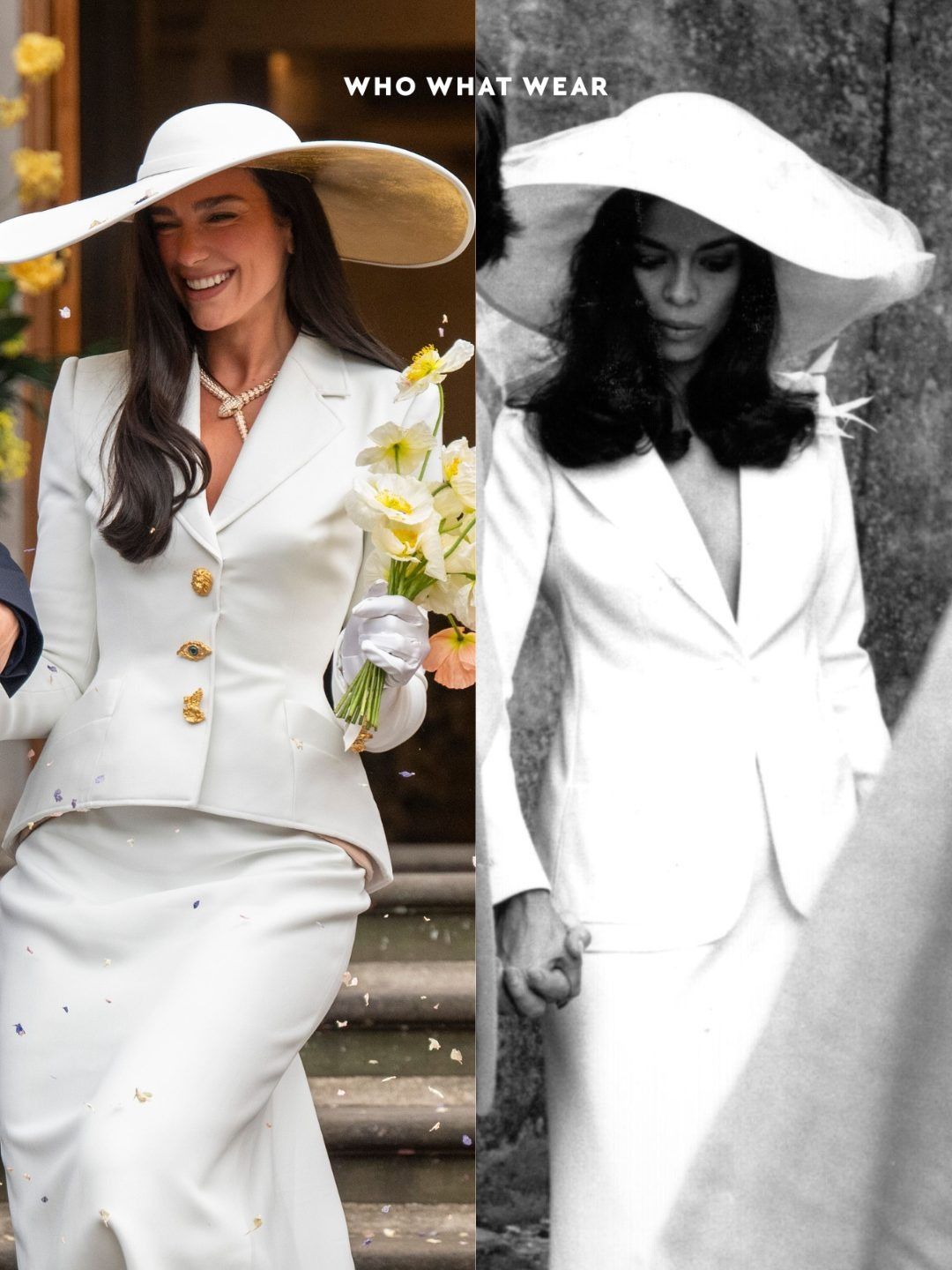 Dua Lipa and Bianca Jagger wearing wedding suits.