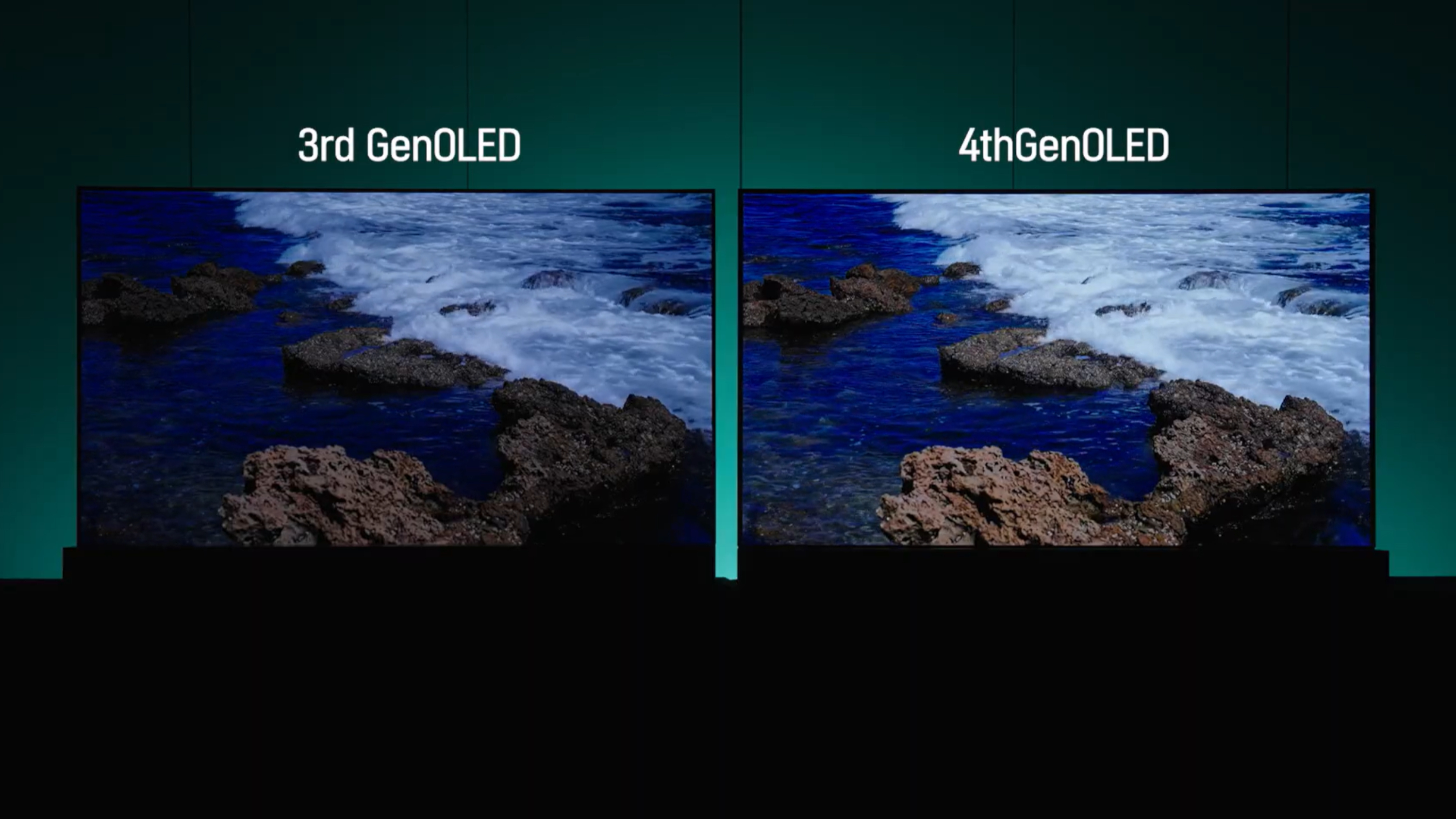 A side-by-side comparison of a third-generation LG Display OLED panel (left) and a fourth-generation LG Display OLED panel (right). Both panels are displaying waves crashing into rocks on a shoreline, but the picture on the right is significantly brighter, with improved shadow detail.