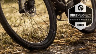 A close up of Miche gravel wheels being ridden over off-road terrain