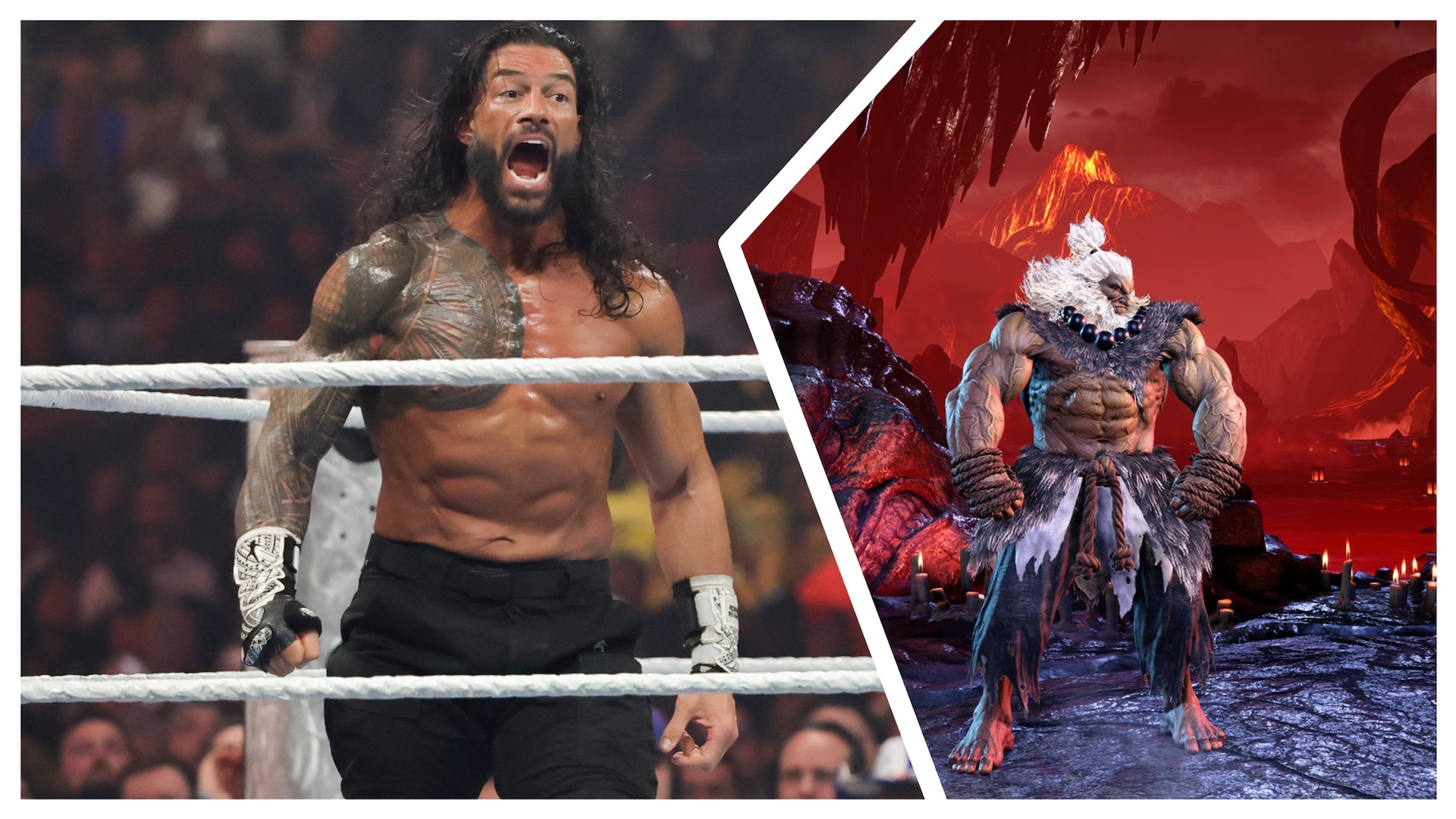 On the left is Roman Reigns standing in a ring and on the right is Akuma from Street Fighter