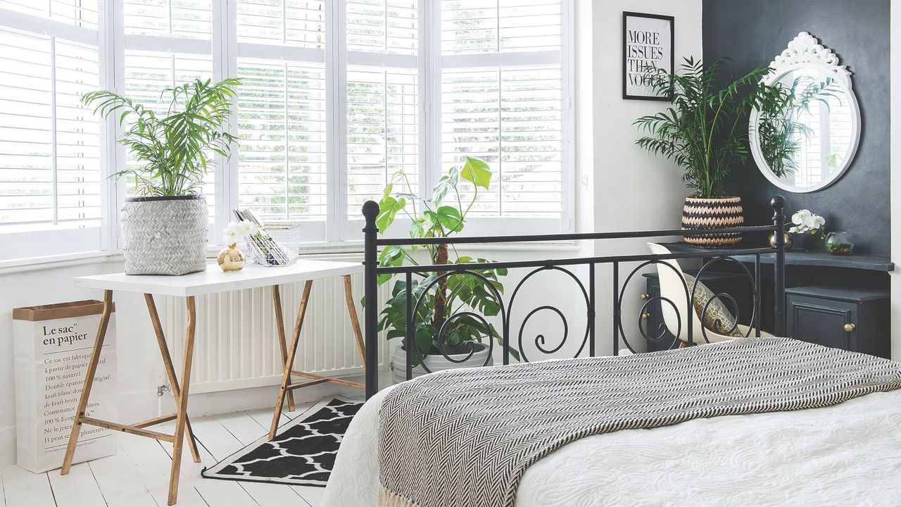 Monstera and areca palm houseplants in bedroom