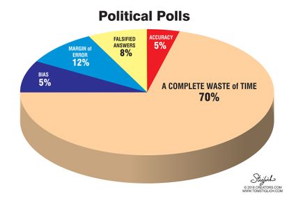 Political cartoon U.S. political polls bias margin of error falsified accuracy waste of time
