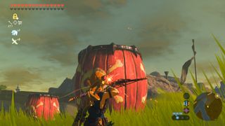 Link about to shoot a giant exploding barrel