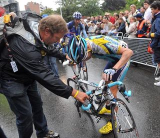 Chris Horner (Astana) in pain after stage four, he fractured his wrist in a crash with 2.5 kilometres to race.