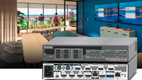 Extron's Compact 4K/60 Matrix Switcher superimposed in front of a conference room.