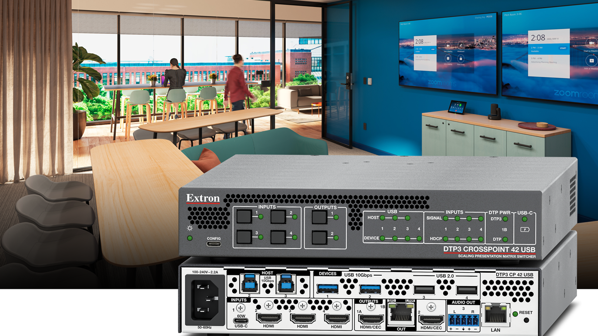 Extron's Compact 4K/60 Matrix Switcher superimposed in front of a conference room.