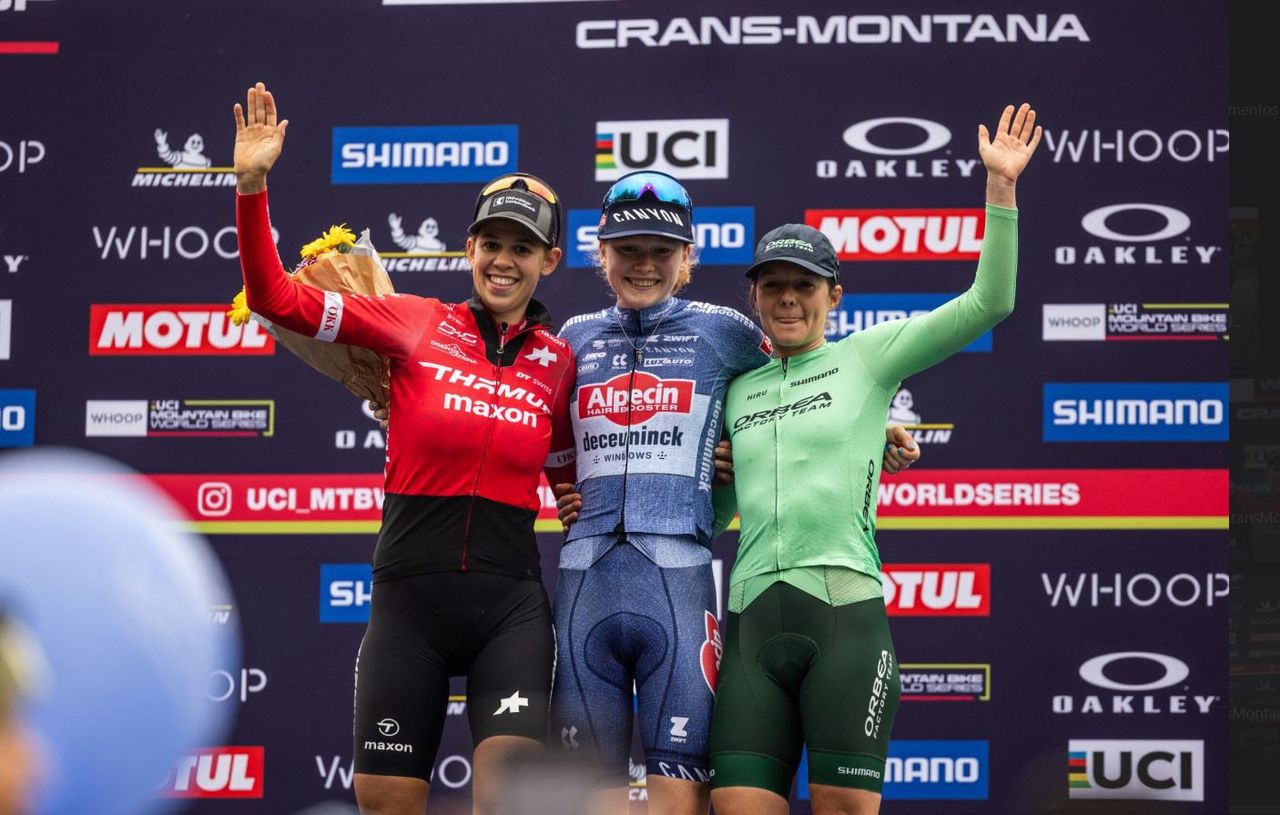 Puck Pieterse celebrates on podium as women's winner of XCC race in Crans Montana
