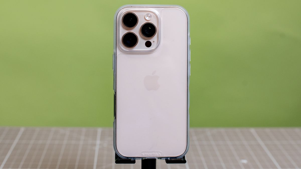 Smartish Gripmunk clear case from back showing iPhone 16 Pro inside in desert titanium