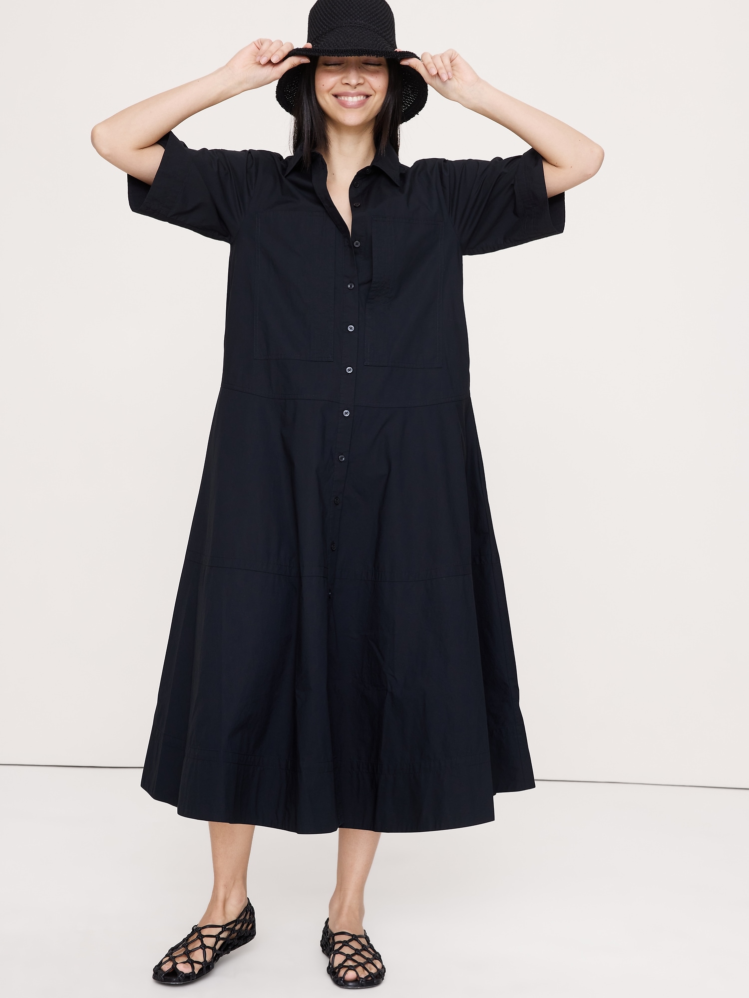 Cotton Poplin Trapeze Maxi Shirt Dress