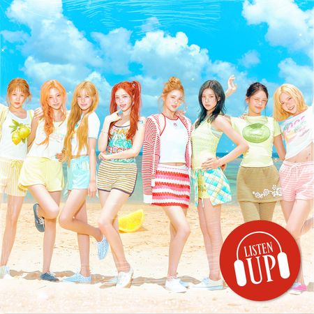 the kpop girl group hearts2hearts poses together on a beach with the logo for marie claire's music interview series listen up over them