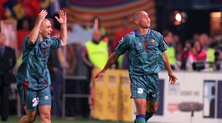 ROTTERDAM 14 MAY 1997: Ronaldo celebrates at the end of the UEFA Cup Winners' Cup Final match between Barcelona and PSG played at Feijenoord Stadion in Rotterdam, Netherlands.