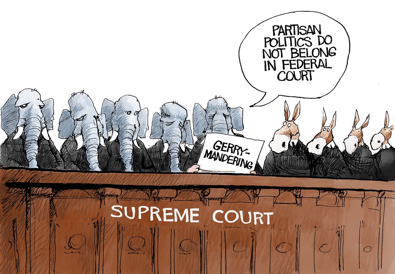 Political Cartoon U.S. Supreme Court Partisan Politics Democrats GOP