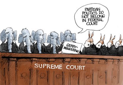 Political Cartoon U.S. Supreme Court Partisan Politics Democrats GOP