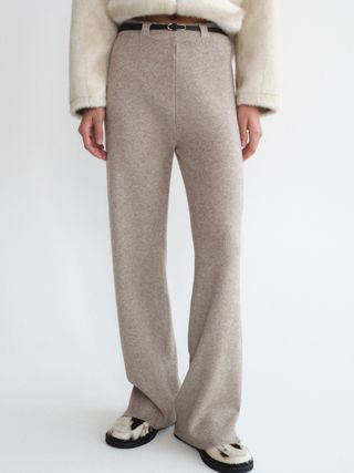 Belted Knit Pants, Beige