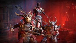 Diablo 4 screenshot of three characters in demonic armor and robes