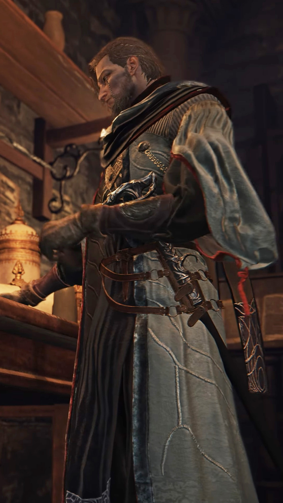 The Scholar from Elden Ring Nightreign The Forsake Hollows looking down at their book