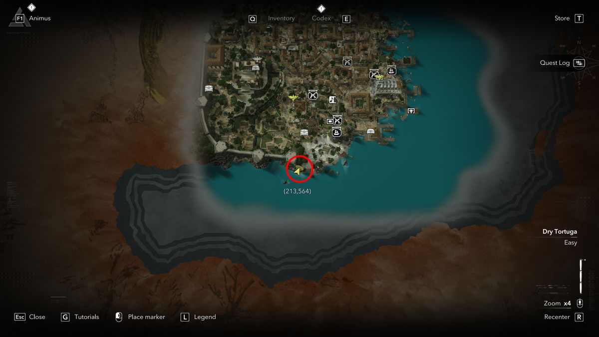 Black Flag treasure maps: A screenshot of the map with a red circle showing the location of the buried treasure chest in Havana.