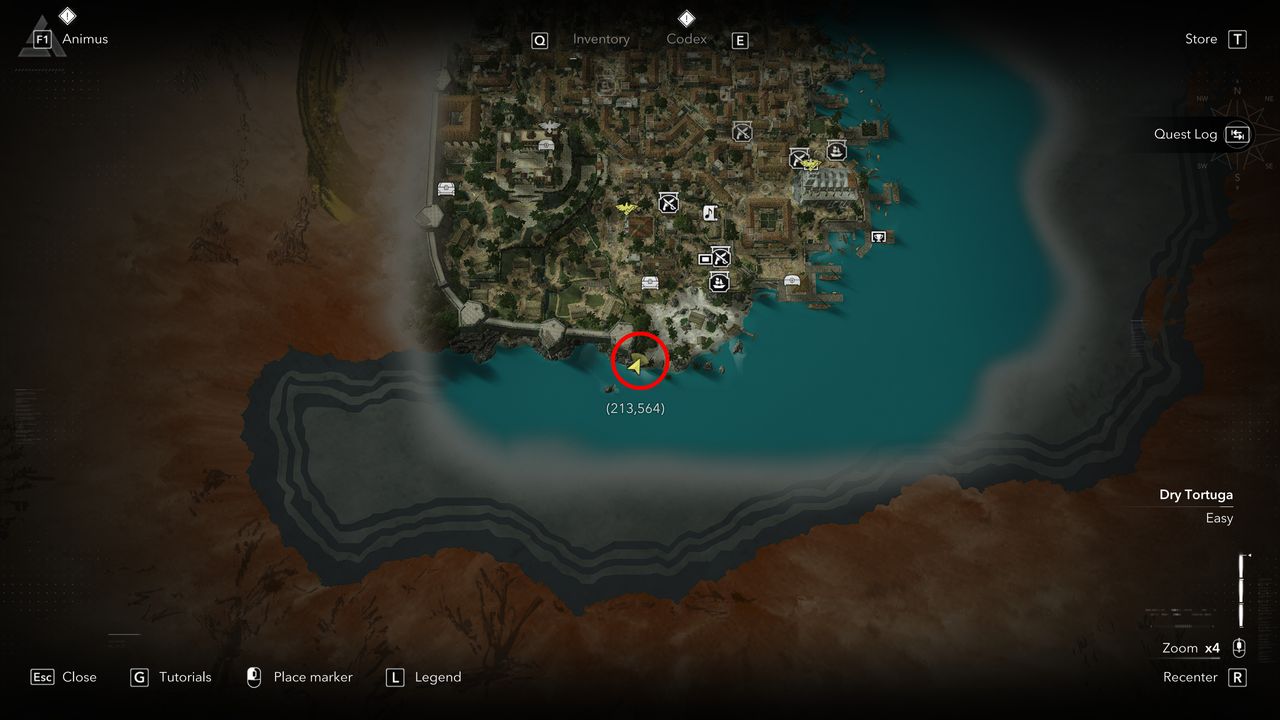 Black Flag treasure maps: A screenshot of the map with a red circle showing the location of the buried treasure chest in Havana.