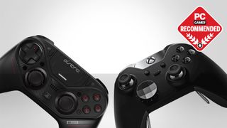 The best PC controller: Two controllers, one Astro and one Xbox, next to each other on a silver gradient background with a PC Gamer Recommended badge in the top right.