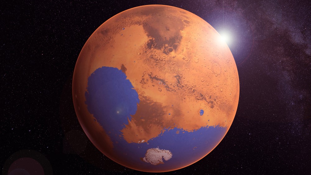 Eine künstlerische Interpretation dessen, wie der Mars ausgesehen haben könnte, als er von riesigen flachen Ozeanen bedeckt war.