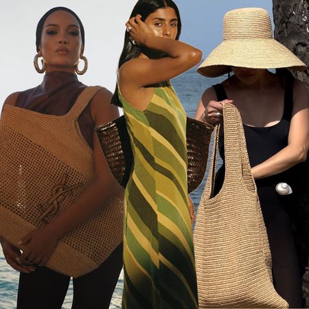 Best designer beach bags are shown in a collage of images of women, on the left a woman is wearing a black headband with gold hoops a brown shirt black pants and a raffia tote, in the middle a woman is wearing a green striped dress with a brown woven tote, and on the right, a woman is wearing a raffia hat with a black swimsuit and a raffia hobo bag