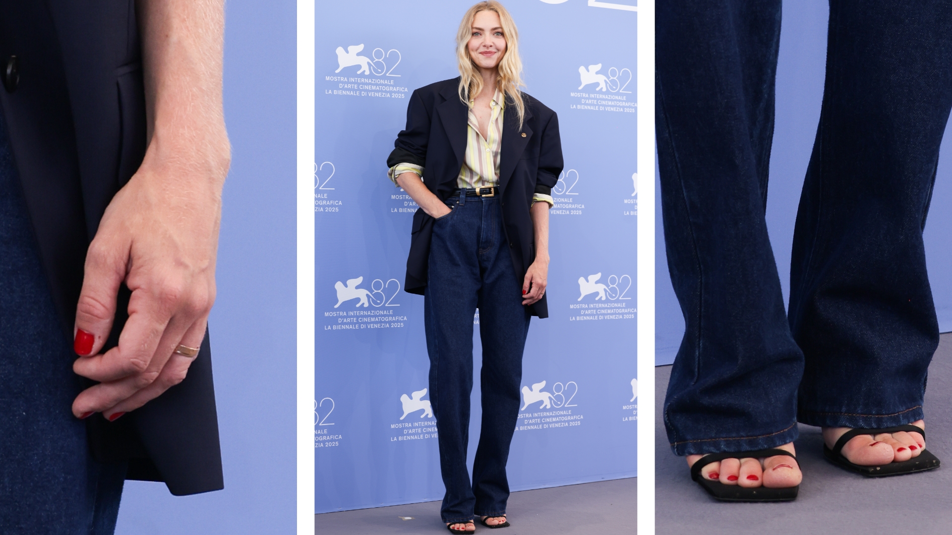 On the left, a close up of Amanda Seyfried&#039;s hand with red nails, an image of Amanda Seyfried with curly blonde hair, wearing a yellow striped shirt, navy blazer and jeans in the middle, and a close up of her red toenails on the right