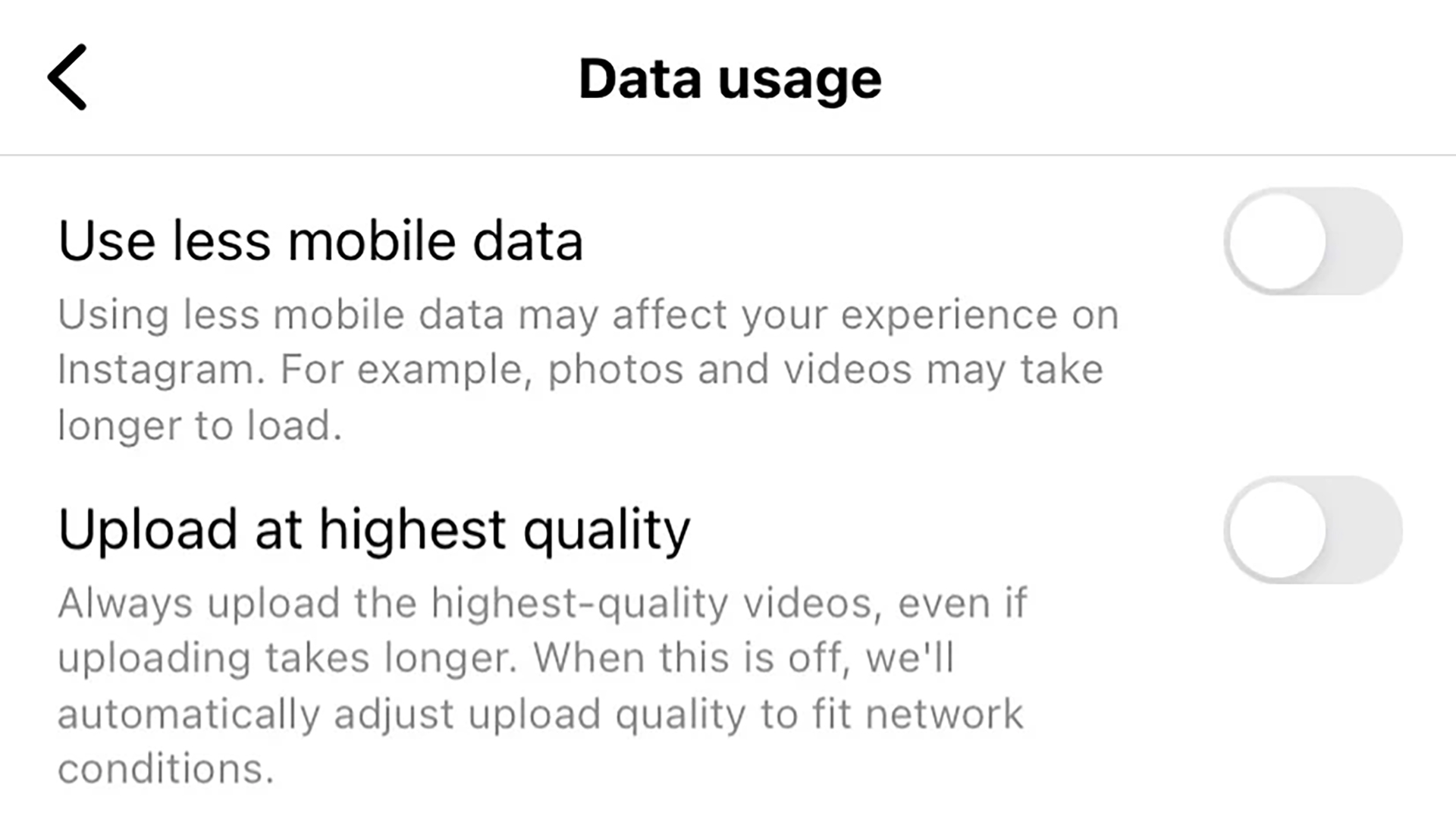 Instagram options stating 'upload at highest quality'