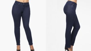 beauty in curves are jeans for curvy women, this is a composite of a model showing the straight leg ankle slim jean in indigo