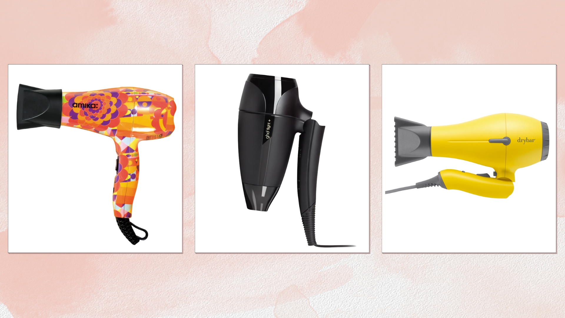 A selection of the best travel hair dryers, including (from L to R), the amika Mighty Mini Dryer, the ghd Flight+ - Travel Hair Dryer and Drybar Baby Buttercup Travel Blow-Dryer/ in a pink watercolour paint-style template 