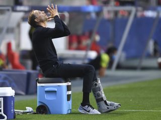 Thomas Tuchel's ankle was in a boot after sustaining an injury before the trip to Portugal