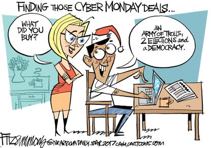 Political cartoon U.S. election meddling cyber Monday