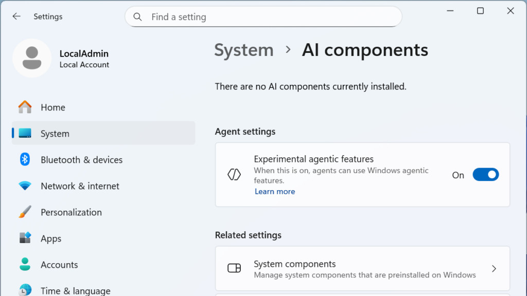 Experimental agentic features switch in Windows 11