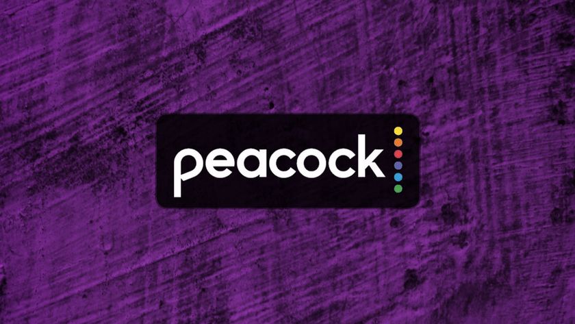 Peacock logo on purple cracks background
