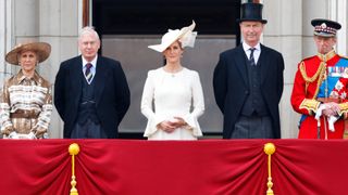 Birgitte, Duchess of Gloucester, Prince Richard, Duke of Gloucester, Sophie, Duchess of Edinburgh, Vice Admiral Sir Timothy Laurence and Prince Edward, Duke of Kent watch from the balcony of Buckingham Palace