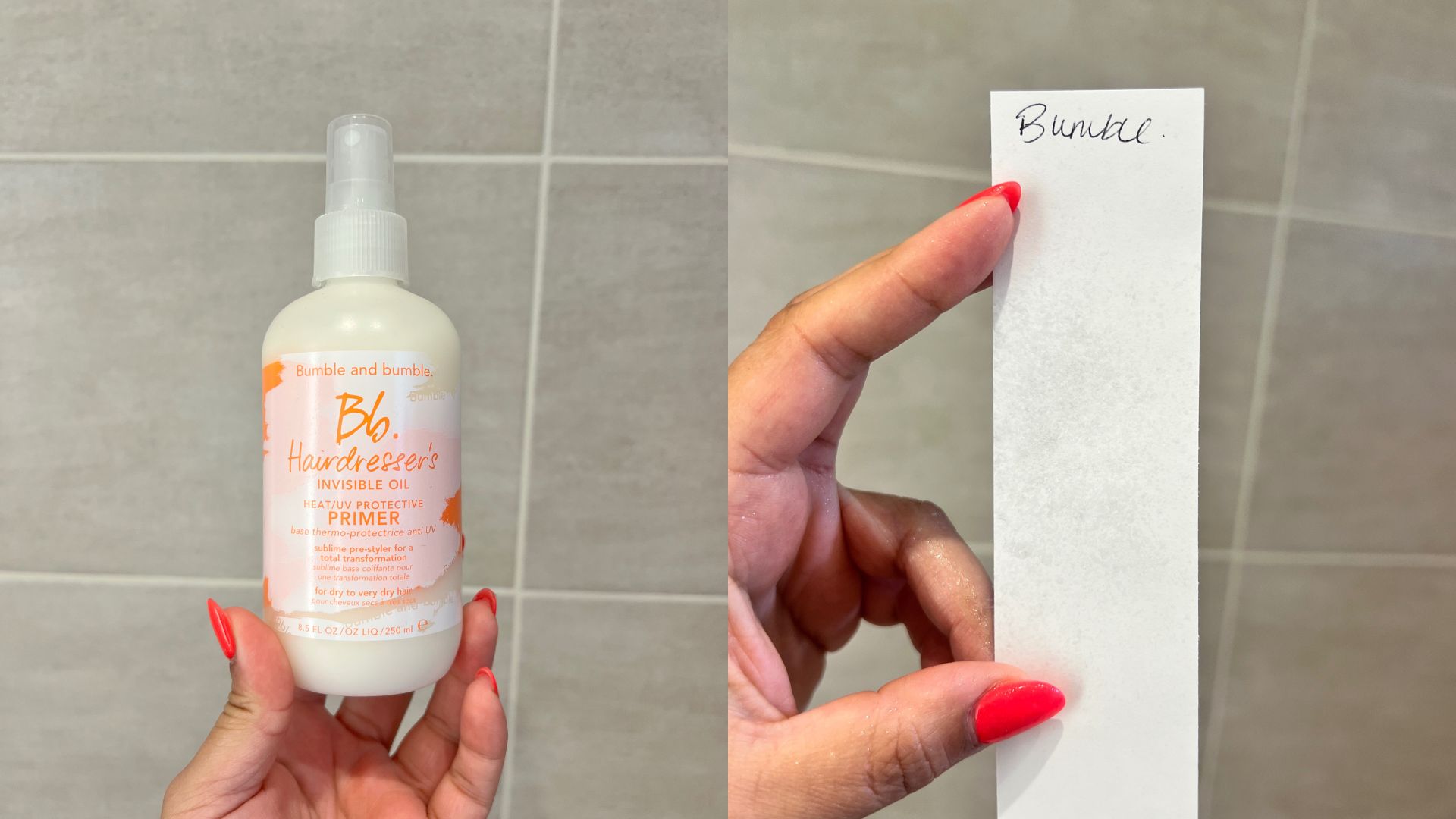 Bumble and Bumble BB Hairdresser&#039;s Invisible Oil Heat Protective Primer next to a paper strip showing the texture of the formula