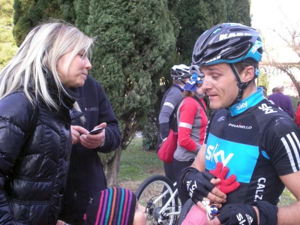 Sylvain Calzati (Sky) and his wife Aurelia after stage 5 of Paris-Nice, in which the Frenchman broke away.