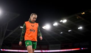 Ruesha Littlejohn of Republic of Ireland before the UEFA Women's EURO 2025 Play-off Round Two first leg match between Wales and Republic of Ireland at Cardiff City Stadium in Wales.