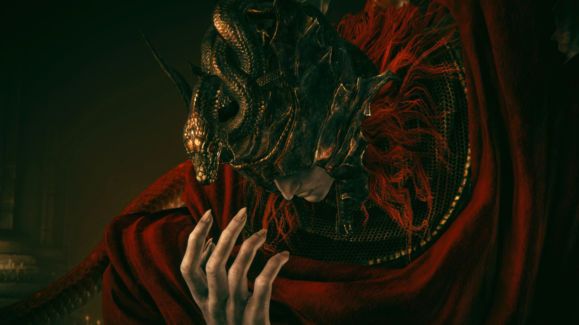 Messmer from Elden Ring: Shadow of the Erdtree looks at his hand, pained, garbed in a flowing red robe.