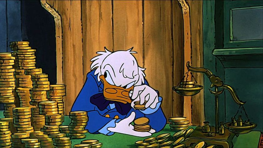 Scrooge surrounded by money and looking sneaky in Mickey&#039;s Christmas Carol