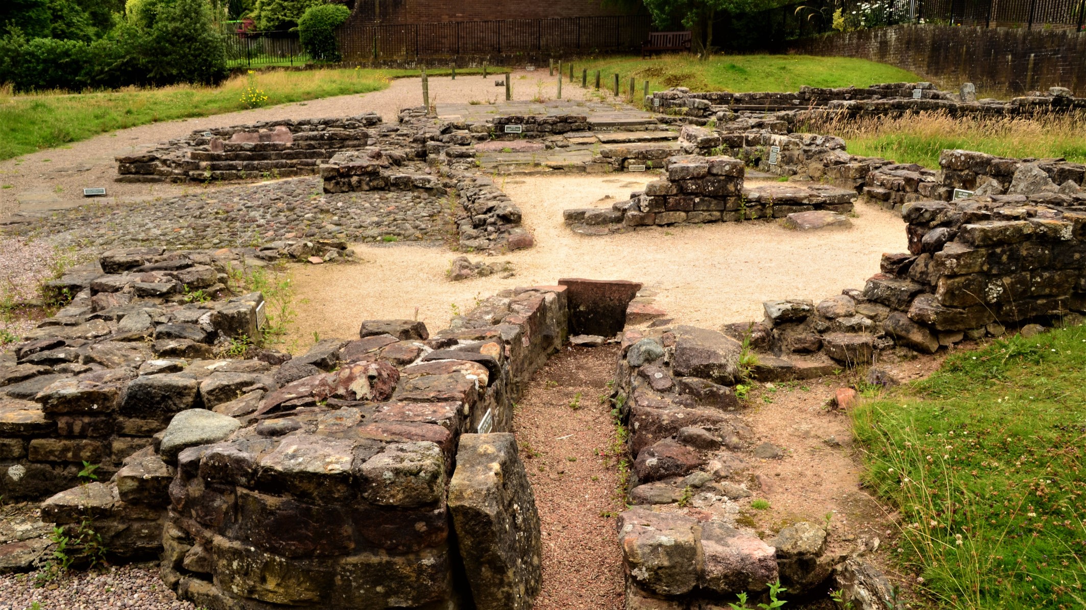 The ruins of an ancient Roman baths complex at Bearsden which formed part of the historic Antonine wall in Scotland.