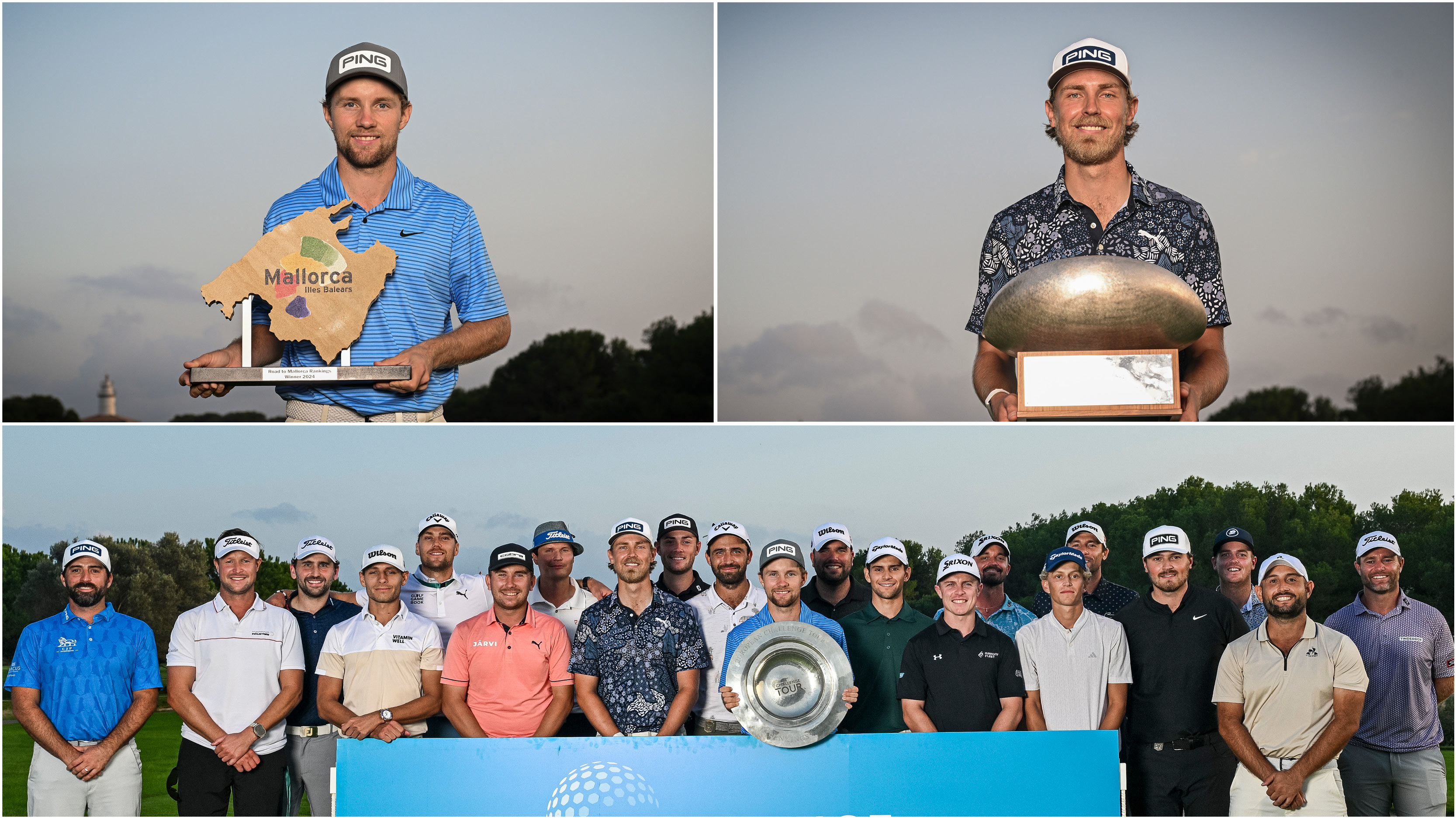 (top left) Rasmus Neergaard-Petersen posing with the Race To Mallorca trophy, (top right) Kristoffer Reitan poses with the Challenge Tour Grand Final trophy, (bottom) all 20 Challenge Tour graduates smile