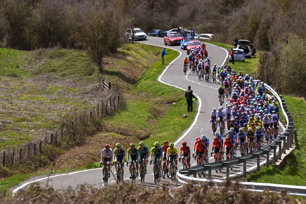 LEGUTIO SPAIN APRIL 04 Primoz Roglic of Slovenia Yellow Leader Jersey Emanuel Buchmann of Germany Bob Jungels of Luxembourg Jai Hindley of Australia Matteo Sobrero of Italy Roger Adria of Spain Maximilian Schachmann of Germany and Team BORA hansgrohe lead the peloton during the 63rd Itzulia Basque Country 2024 Stage 4 a 1575km stage from Etxarri Aranatz to Legutio 550m UCIWT on April 04 2024 in Etxarri Legutio Spain Photo by Tim de WaeleGetty Images