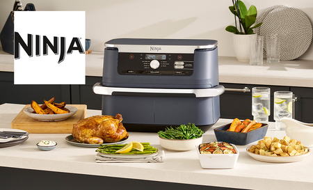 Ninja logo top left with a ninja airfryer and food around it