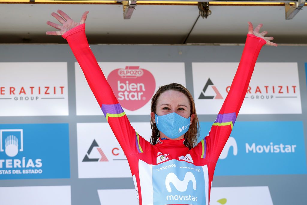 PEREIRO DE AGUIAR SPAIN SEPTEMBER 04 Annemiek Van Vleuten of Netherlands and Movistar Team celebrates winning the red leader jersey on the podium ceremony after the 7th Ceratizit Challenge By La Vuelta 2021 Stage 3 a 1079km stage from Estacin de Montaa de Manzaneda to Pereiro de Aguiar ChallengeVuelta CERATIZITChallenge21 on September 04 2021 in Pereiro de Aguiar Spain Photo by Gonzalo Arroyo MorenoGetty Images