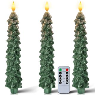 Homemory 3 Pcs Christmas Tree Candles With Remote, Waxy Flameless Taper Candles Flickering, Green Led Candlesticks Battery Operated for New Year Celebration Holiday Decorations 9.7 Inches