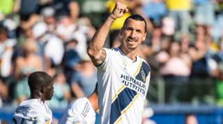 CARSON, CA - SEPTEMBER 23: Zlatan Ibrahimovic #9 of Los Angeles Galaxy celebrates his penalty kick goal during the Los Angeles Galaxy's MLS match against Seattle Sounders at the StubHub Center on September 23, 2018 in Carson, California. Los Angeles Galaxy won the match 3-0(Photo by Shaun Clark/Getty Images)