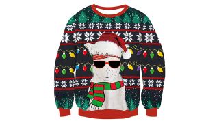 jumper featuring a llama in a santa hat and sunglasses to illustrate the best christmas jumpers
